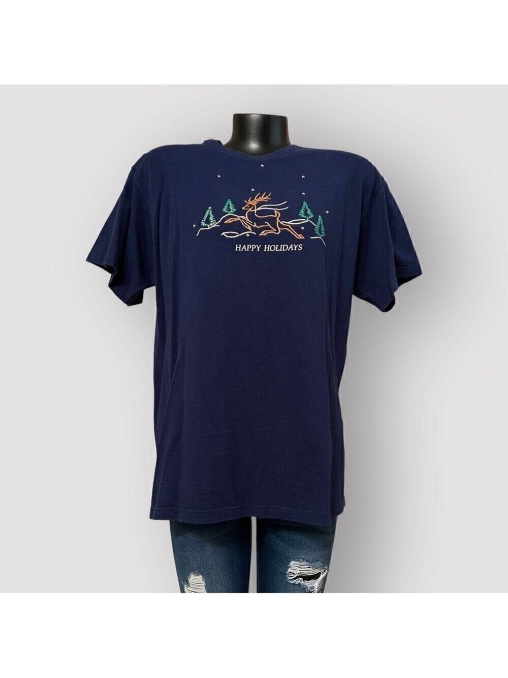 VTG Christmas Tee Reindeer Trees Mens L Comfy Holiday Short Sleeved T-Shirt Blue